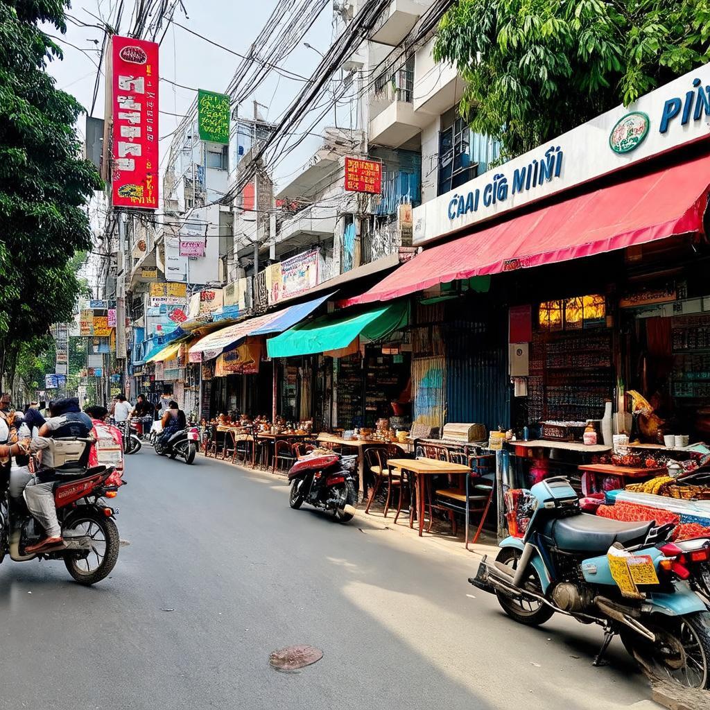 Hình ảnh dãy cửa hàng, quán ăn, quán cà phê sầm uất trên đường phố gần ngã tư Phú Nhuận, thể hiện nhịp sống thương mại sôi động.